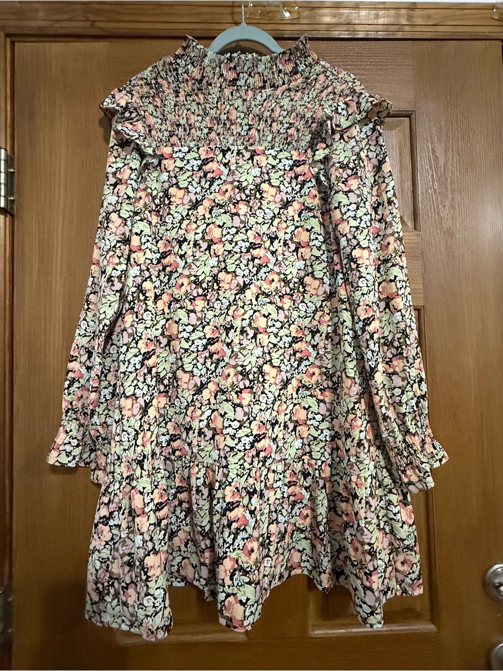 Women’s THML  Floral Smocked Neck Long Sleeve Dress - Pink Multi